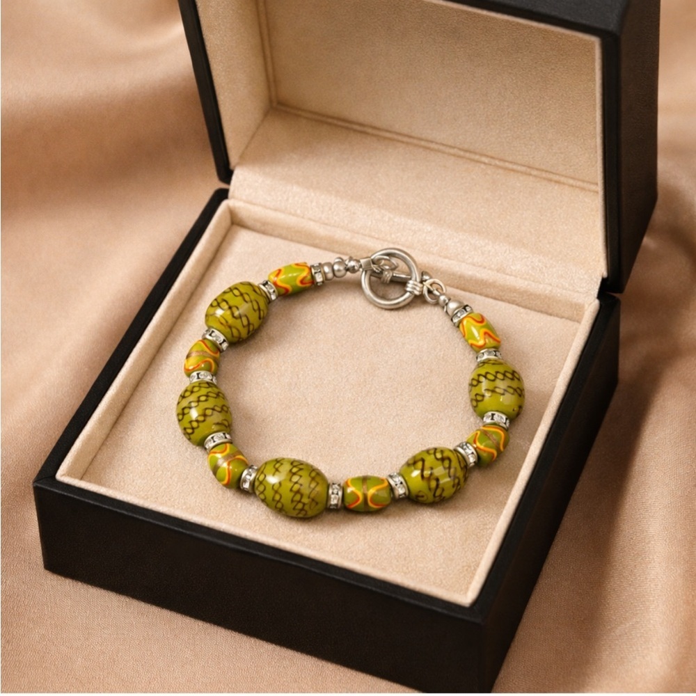 Lime Green Lampwork Glass Beaded Bracelet with Silver Toggle Clasp